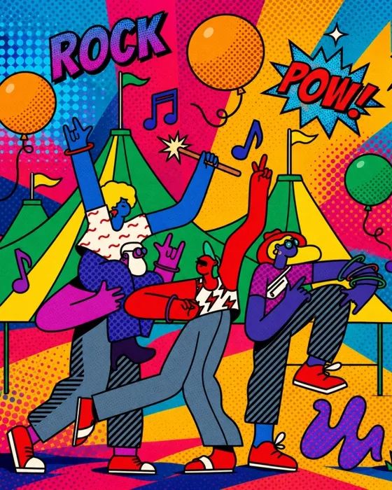 Ilustración pop de jóvenes tocando música y festejando