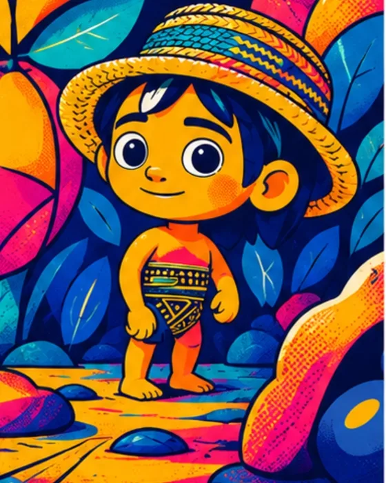 Ilustración de un niño correntino con sombrero entre hojas y leyendas del litoral