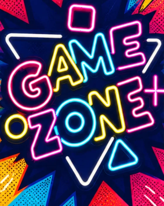 Cartel de neón Game Zone con formas geométricas